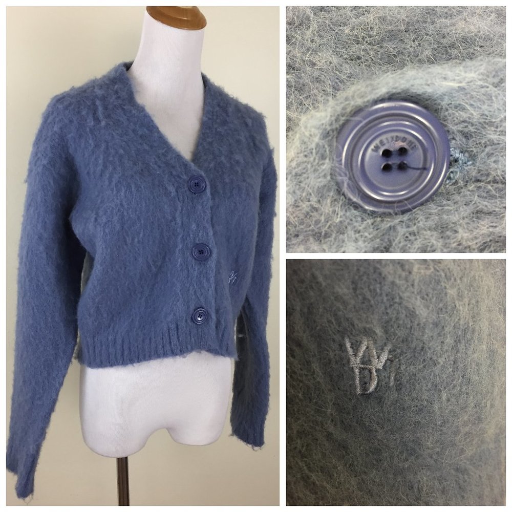 WE11DONE Blue Wool Blend Soft Knit Logo Buttons Embroidery Cropped Cardigan